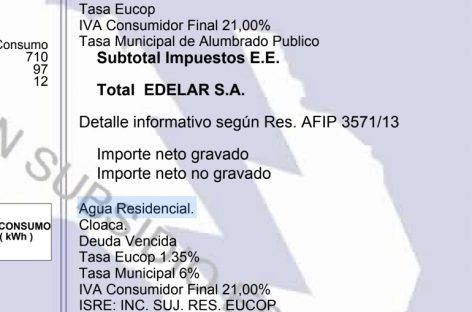 Tarifas. Darán de baja la tasa del EUCOP de la boleta de EDELaR