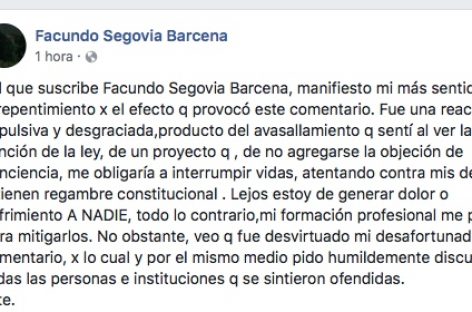 Segovia Barcena pidió disculpas, pero ratificó su rechazo al aborto legal