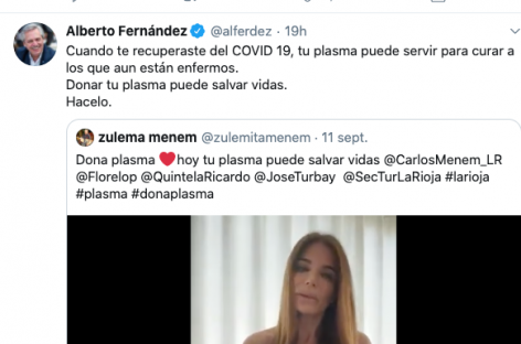 DONÁ PLASMA. EL MENSAJE DE ZULEMITA QUE COMPARTIÓ ALBERTO FERNÁNDEZ